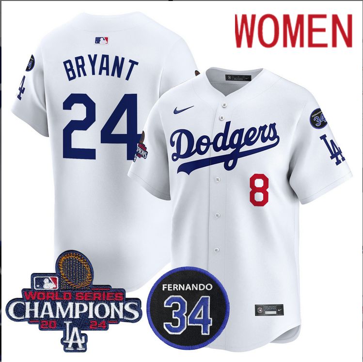 Women MLB Los Angeles Dodgers 24 Bryant white 2024 World Series Champions Patch Limited Jersey